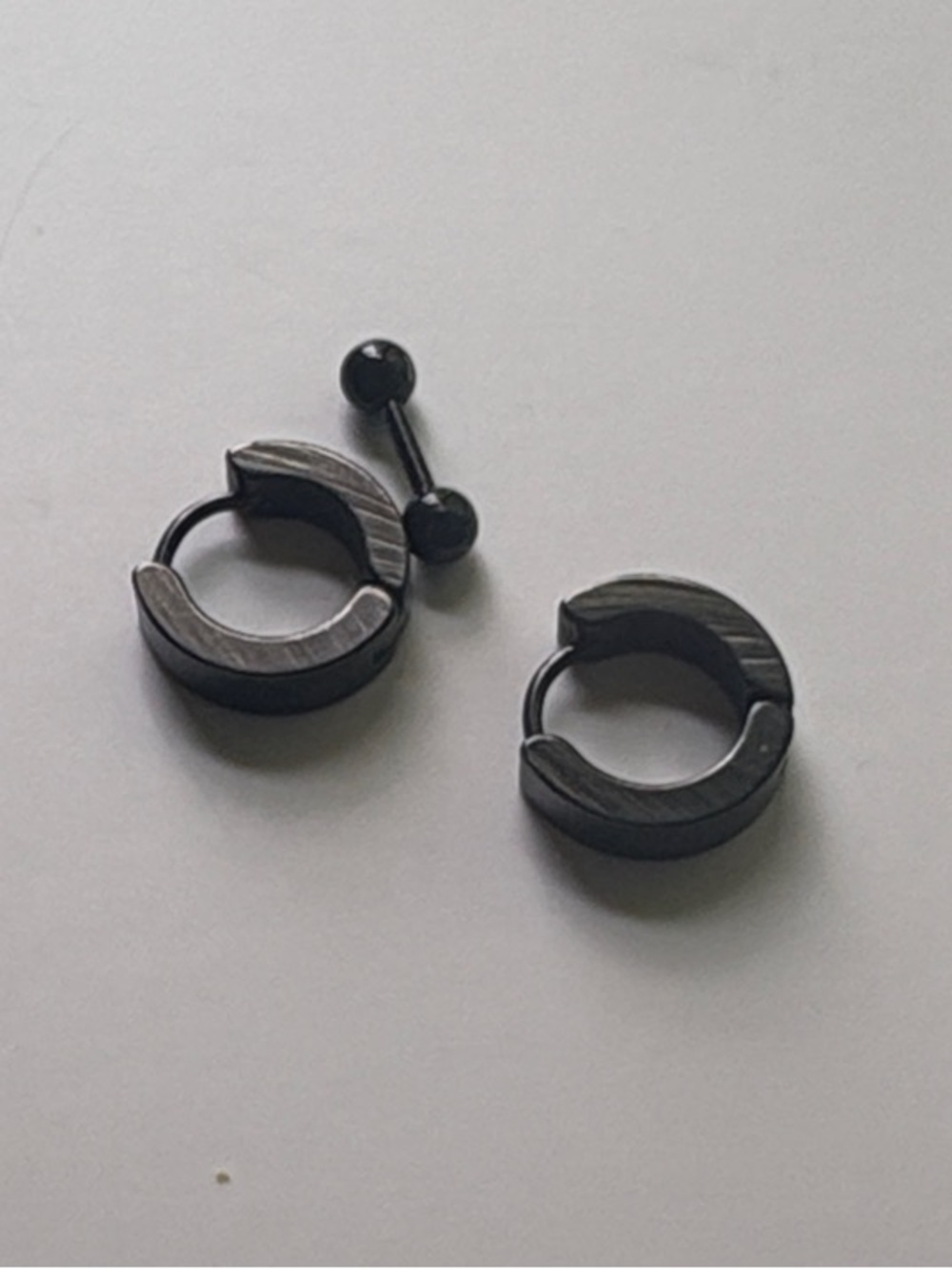 Black Stainless Steel Huggie Hoop Earrings with Barbell
